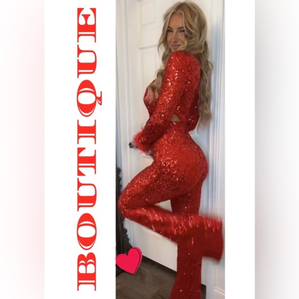 Banjul Red Sequin Long-Sleeve Flared Jumpsuit